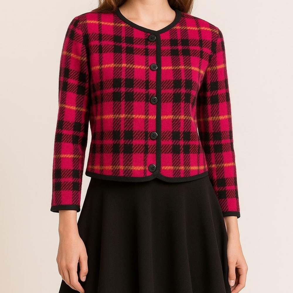 Vintage 90s David Wayne Petite Pink Black Plaid Furry Fleece Cardigan Sweater‎